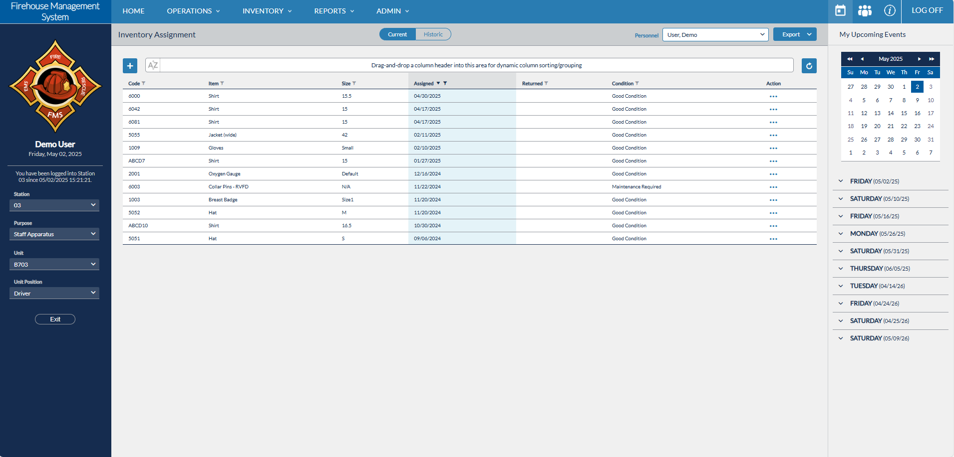 FMS Inventory Assignment page