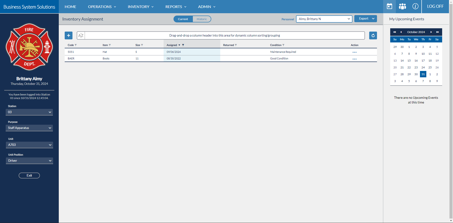 FMS Inventory Assignment page